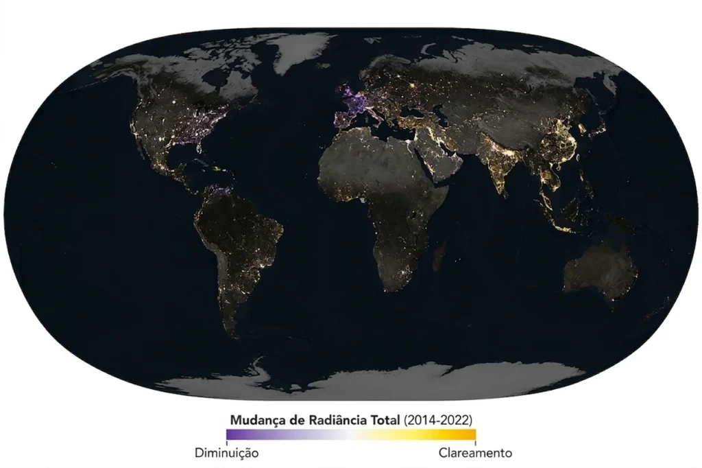 Mapa mostra que a noite está mudando na Terra 2 Algumas partes do planeta são mostradas em uma análise de quase uma década de dados de luzes noturnas. Imagem: NASA