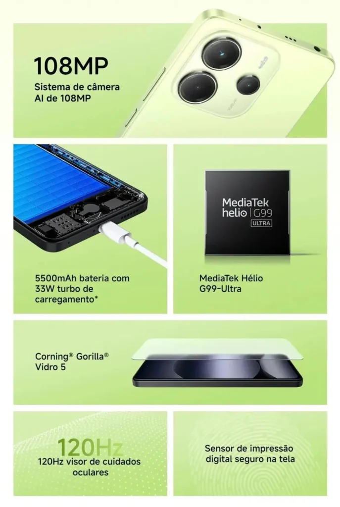 Especificações do Smartphone Celular Xiaomi Redmi Note 14 Lançamento 256GB 8GB Câmera 108MP 20MP Tela 6.67 AMOLED 120Hz FHD plus Design Premium Dual SIM Chip IP54 Dolby