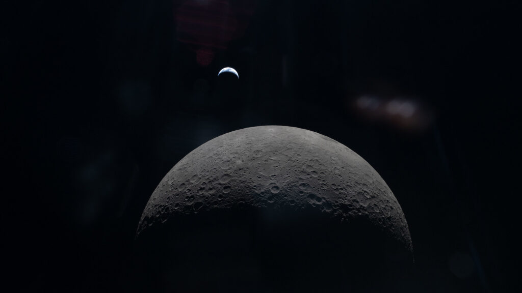 A Terra e a Lua captadas pela tripulação da missão Artemis 2. Imagem: NASA