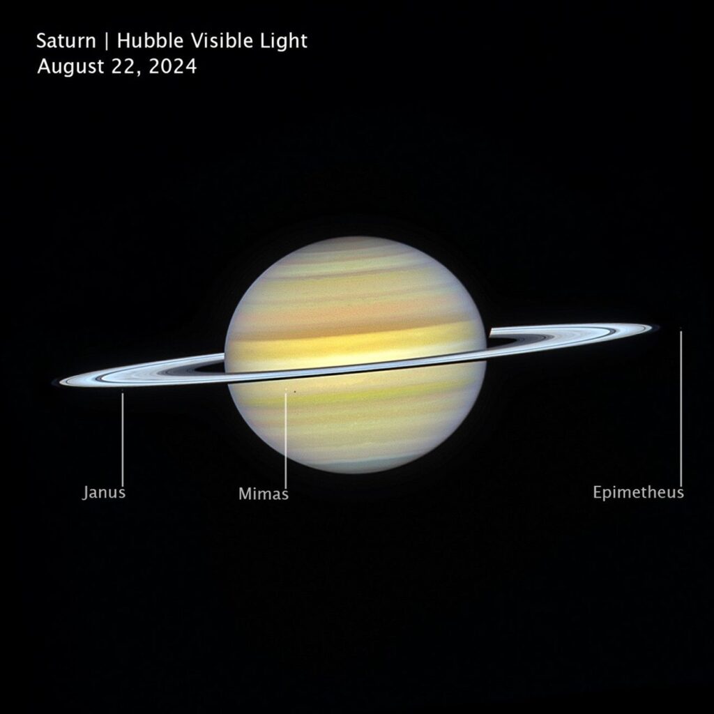 Webb e Hubble mostram Saturno de um jeito que quase ninguém viu 3 Saturno com anéis e luas visíveis.