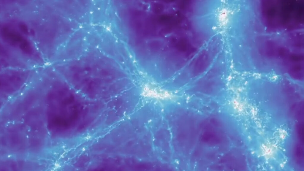 Print da simulação mostrando a evolução de um aglomerado de galáxias.