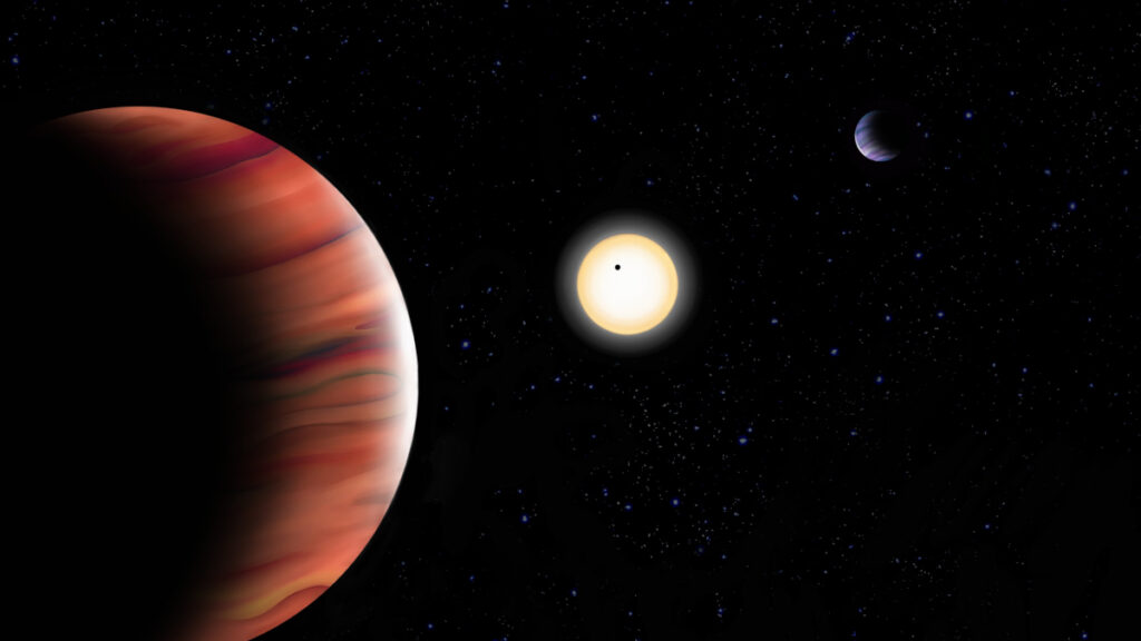Ilustração artística de um sistema exoplanetário com dois planetas e uma anã marrom. 