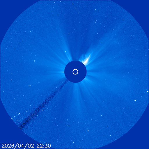 Câmera da sonda Soho mostra o cometa C/2026 A1 MAPS se aproximando do Sol no canto inferior esquerdo, no dia 2 de abril.