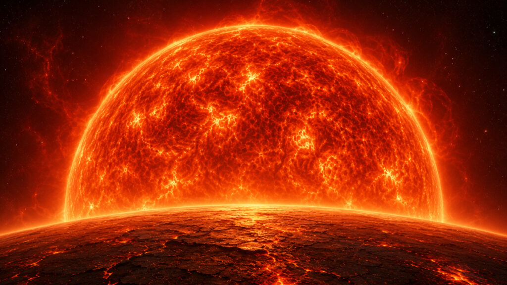 Ilustração da Terra no futuro, quando o Sol se tornar uma estrela gigante vermelha.