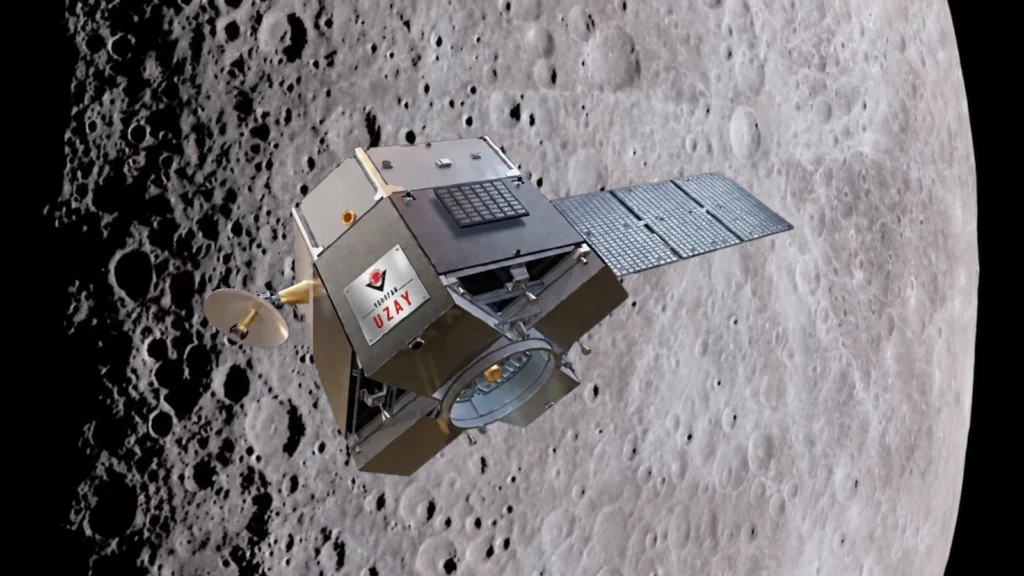 Mais um país entra na corrida para chegar à Lua em 2027 1 Ilustração da sonda lunar turca em órbita da Lua (Crédito: YouTube/Reprodução/Editada)