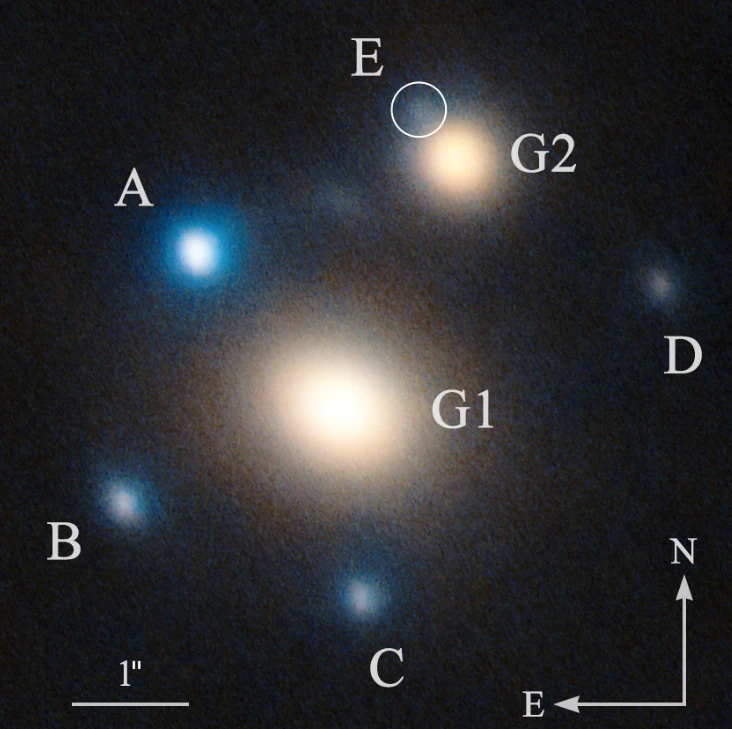 Imagem composta da SN Winny. As galáxias primárias que atuam como lentes são rotuladas como G1 e G2. As múltiplas imagens da supernova são marcadas de A a D,
enquanto E mostra a localização da possível quinta imagem. Imagem: Aryan et al.