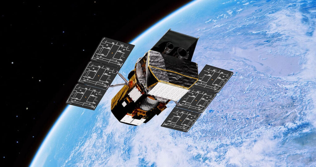 Ilustração do telescópio Swift em órbita (Crédito: NASA’s Goddard Space Flight Center Conceptual Image Lab)