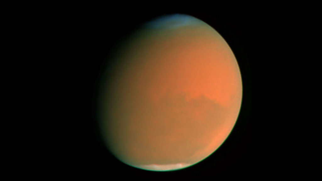 Estudo mostra novo perigo escondido nas tempestades de Marte 1 Foto de Marte com tempestade de areia ocorrendo em todo o planeta captado pelo Telescópio Espacial Hubble em 2001. Imagem: NASA/ESA