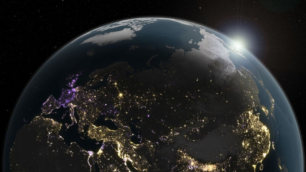 Mapa mostra que a noite está mudando na Terra 1 Uma análise de quase uma década de dados de luzes noturnas (2014-2022) da missão Black Marble da NASA revelou áreas de brilho (amarelo) e escurecimento (roxo) mostrados aqui através do Hemisfério Oriental. Imagem: NASA