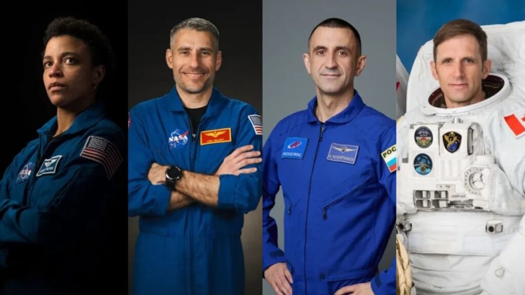 Da esquerda para a direita, os astronautas da NASA Jessica Watkins e Luke Delaney, o cosmonauta da Roscosmos, Sergey Teteryatnikov, e o astronauta da CSA (Agência Espacial Canadense) Joshua Kutryk. 