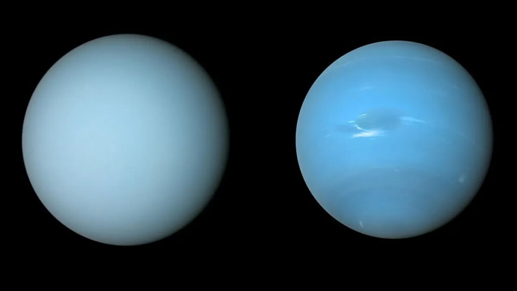 Os planetas Urano e Netuno fotografados pela sonda Voyager 2. Imagem: NASA