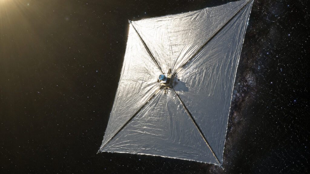 Superfícies que controlam luz podem mudar futuras velas espaciais 1 Ilustração de uma vela solar viajando pelo espaço.