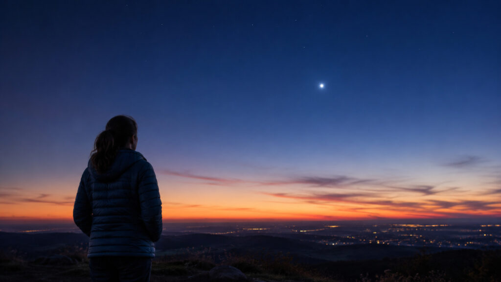 Ilustração de uma pessoa observando o planeta Vênus após o pôr do sol. 